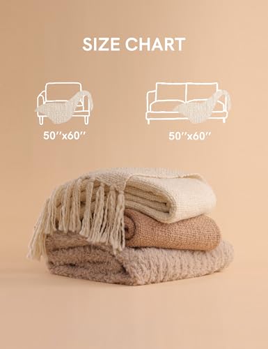 YnM Basketweave Knit Throw, Solid Neutral Vibe Textured Blanket with Tassel for Home Decor, 50 x 60 in, Cream