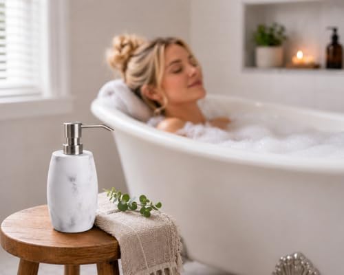 Clasin Home Resin Soap Dispenser Set 2, Refillable Hand Soap Dispenser with White Marble Look and Metallic Pump, Kitchen, Bathroom, Waterproof Labels (12 Oz) - color: White_2 Pcs