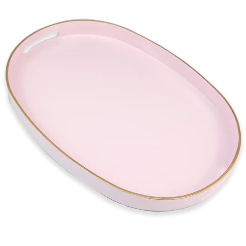 Pink Oval Decorative Tray with Handles, Versatile Serving Tray for Coffee Table, Ottoman, Ideal for Serving, Displaying, Organizing, 15.3"*10.6"*1.37" - color: Oval Pink, size: 15.5" x 10.6" x 1.4"