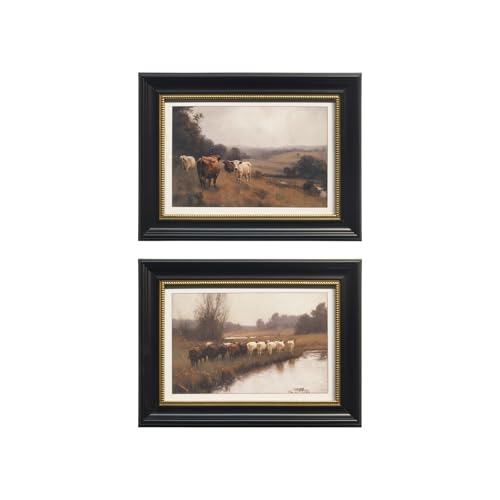 Gatheroad Framed Canvas Wall Art Set of 2, Vintage Nature Cow Landscape Prints & Pictures | Modern Farmhouse Cottagecore Oil Painting Artwork, Rustic Decor for Bedroom Living Room Office, 16x12in - color: Black Cow Landscape, size: 12X16inch