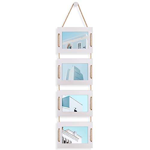 DLQuarts 4x6 Hanging Collage Picture Frames Wall Decor, 4-Opening 4x6 Photo without Mat Rustic Wood Frame with Hemp Rope, 1 Pack, Vintage White - color: Vintage White, size: 4x6-1 Pack