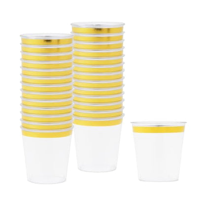 Mandala Crafts Disposable 1oz Plastic Mini Shot Glasses - Bulk 120 Clear Gold Rim Hard Plastic Shots Cups for Party Sample Cups Tasting Whiskey (Pack of 2) - color: Gold Rim, size: 1 Ounces (Pack of 2)