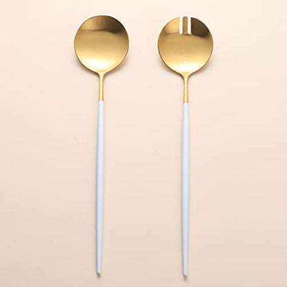 Salad Servers,Spoon and Fork Set 11.41 inch,18/10 Stainless Steel Salad Serving Titanium Plating (White gold) - color: White/Gold