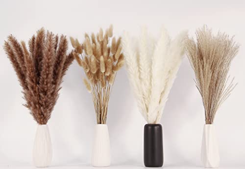 Dried Pampas Grass Decor, 100 Stems Pampas Grass Contains Bunny Tails Dried Flowers, Reed Grass Bouquet for Wedding Boho Flowers Home Table Decor, Rustic Farmhouse Party (17", White and Brown) - size: 100PCS