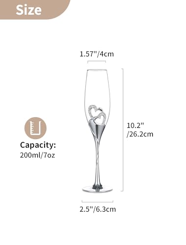 NUPTIO Crystal Champagne Flutes, Wedding Gifts for Couple, Silver, Set of 2 | Rhinestone Rimmed Heart Toasting Glasses with Wooden Gift Box for Engagement, Anniversary, Party, Bridal Showers, 6.76oz - color: Silver