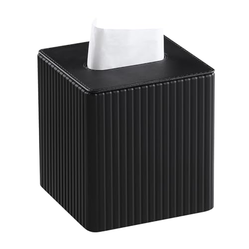 PU Leather Square Tissue Box Cover with Bottom, Black Fluted | Fits All Standard Cube Tissue Boxes, Modern Fluted Decorative Tissue Box Holder for Bathroom, Bedroom, Office, Living Room - color: Black Fluted