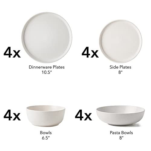 ARORA SKUGGA Round Stoneware 16pc Double Bowl Dinnerware Set for 4, Dinner and Side Plates, Cereal and Pasta Bowls - Matte White(466077) - color: White-Cereal/Pasta Bowl, style: Round-Service for 4(16pcs)