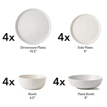 ARORA SKUGGA Round Stoneware 16pc Double Bowl Dinnerware Set for 4, Dinner and Side Plates, Cereal and Pasta Bowls - Matte White(466077) - color: White-Cereal/Pasta Bowl, style: Round-Service for 4(16pcs)