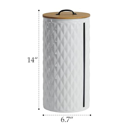 Metal Paper Towel Holder, Weighted Base with Suction Cups | Embossed with Wooden Lid, Easy Tear Roll Dispenser for Kitchen Counter, Bars, Dining Tables - color: Diamond White