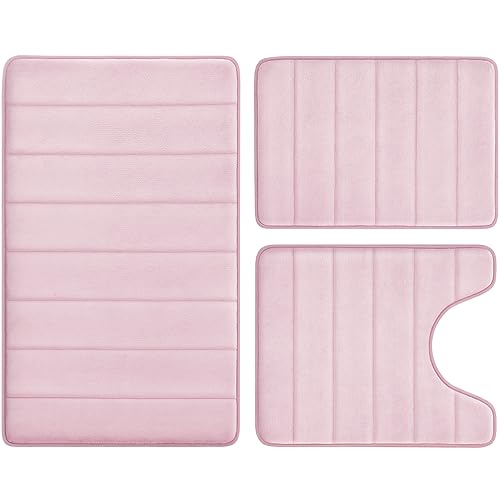 BYSURE Pink Memory Foam Bathroom Rug Set 17"x24"+20"x32"+U20 x24 | Non Slip Extra Soft Absorbent Machine Washable Toilet Bath Toilet Mat for Shower, Tub - color: Pink, size: 17"x24"+20"x32"+U Shape 20"x24"