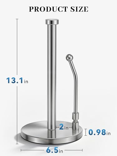 SMARTAKE Paper Towel Holder Countertop, Non-Slip Weighted Base, Silver | Freestanding Kitchen Roll Dispenser, Rustproof Stainless Steel, Spring Arm for Easy Tear, Widden Top, with 4 Suction Cups - color: 01-silver