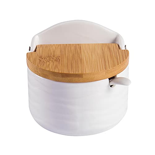 Ceramic Sugar Salt Bowl with Bamboo Lid and Spoon, LUCKY GODDNESS 9.1 fl oz Porcelain Container Jar for Pepper with Chalkboard Label, for Housewarming - color: C-001