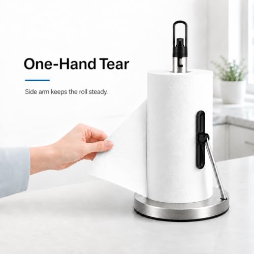 Paper Towel Holder with Spray Pump, All-in-One Countertop Paper Towel Stand with Refillable Bottle, One-Handed Tear Kitchen Roll Holder, Weighted Base, Brushed Stainless Steel(Chrome) - color: Chrome