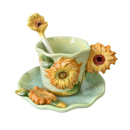 Ceramic Sunflower Coffee Mug and Saucer set with Spoon,3D Handmade and Hand-painted Tea Mug, 6OZ