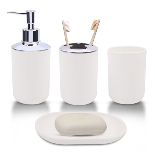 LGURT 4-Pc White Bath Accessories Set — Dispenser, Holder, Cup & Dish | Matte Plastic, Bathroom Vanity, Counter Organizer, Soap Dish & Rinse Cup, Gift - color: White