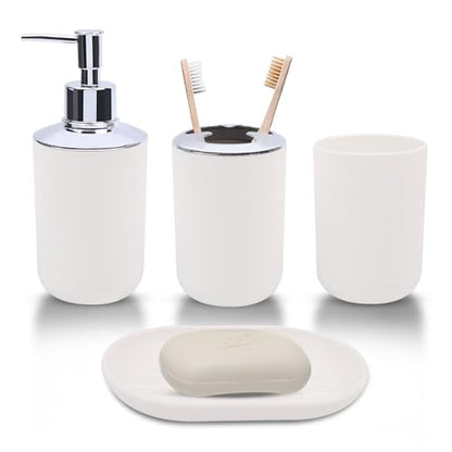 LGURT 4-Pc White Bath Accessories Set — Dispenser, Holder, Cup & Dish | Matte Plastic, Bathroom Vanity, Counter Organizer, Soap Dish & Rinse Cup, Gift - color: White