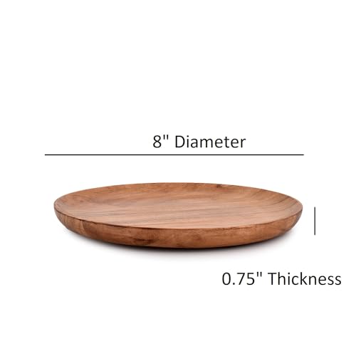 Acacia Wood Dinner Plates Set of 4 for Dishes Snack, Dessert Natural Wood Plates Serving Dinnerware Plate for Dinner (8" x 8" x 0.75")