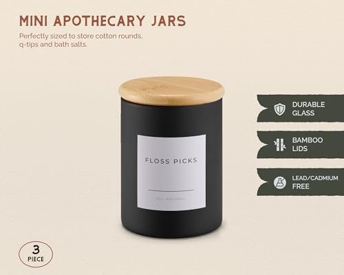 Mini Glass Apothecary Jars with Bamboo Lids, Small Bathroom and Kitchen Storage Containers, For Cotton Balls, Pads and Swabs, 10 oz, Set of 3 (Matte Black) - color: Matte Black