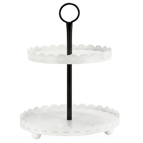 Wooden Two Tiered Tray Stand, Farmhouse Round 2 Tier Decorative Tray with White Metal Floral Edge for Home Kitchen Table Decor, Serving Tray for Coffee Bar Party Weddding Holiday Decorations - color: White