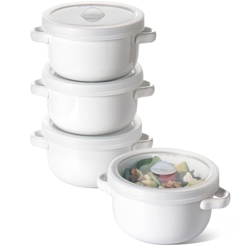 LE TAUCI Soup Bowls With Handles 28 oz and Silicone Lids, French Onion Soup Bowl for Chili, Beef Stew, Cereal, Ceramic Soup Crocks oven Safe, Microwave Dishwasher Safe - 5.5 inch, Set of 4, White - color: White+Lid