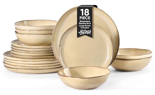 Herogo Stoneware Dinnerware Sets for 6, 18pcs Irregular Handmade Dinner Dish Set, Plates and Bowls Dishware for Kitchen Dining, Microwave & Dishwasher Safe, Cream Khaki - color: Cream Khaki, size: 6 Set (18pcs)