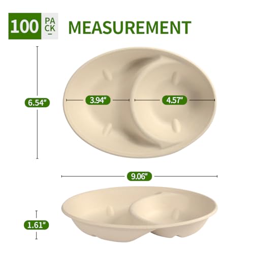 2 Compartment Bowls 100 Pack, Divided Disposable Chip and Dip Bowls | BPA Free Sugarcane Fiber Pulp Bowls, Compartment for Two Dishes, Serving Chips and Salsa, Snacks, Finger Foods - size: Compartment 9.3 x 6.5 x 1.6 inch
