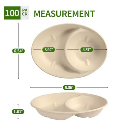 2 Compartment Bowls 100 Pack, Divided Disposable Chip and Dip Bowls | BPA Free Sugarcane Fiber Pulp Bowls, Compartment for Two Dishes, Serving Chips and Salsa, Snacks, Finger Foods - size: Compartment 9.3 x 6.5 x 1.6 inch
