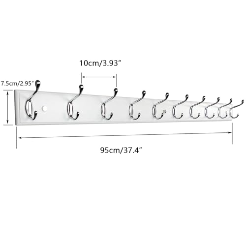 37 Inch Long Wooden Wall Mounted Coat Rack with 10 Silver Chrome Hooks for Entryway and Bedroom to Hang Coats, Hats - Heavy Duty Hooks School Bag - size: Long-37.4in(95cm),10 Silver Hooks, style: Modern