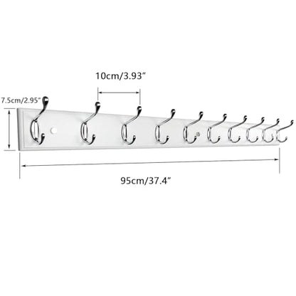 37 Inch Long Wooden Wall Mounted Coat Rack with 10 Silver Chrome Hooks for Entryway and Bedroom to Hang Coats, Hats - Heavy Duty Hooks School Bag - size: Long-37.4in(95cm),10 Silver Hooks, style: Modern