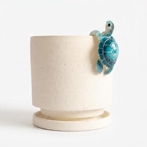 Ceramic Plant Pot with Resin Climbing Tortoise Figure, 5.75 Inch,White | Drainage Hole and Saucer, Cylinder Shape, Indoor Use, Home Garden - color: White+bt, size: 5.7 Inch