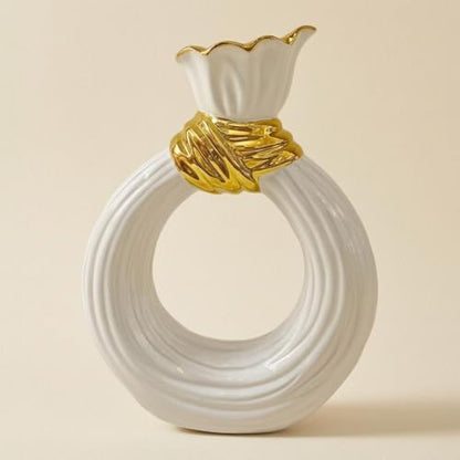 Circular Shaped Ceramic Vase White Glazed Ribbed Ceramic Vase Table Decoration for Tabletop, Floral Display, L 17cm W 6.5cm H 24cm - size: L 17cm W 6.5cm H 24cm