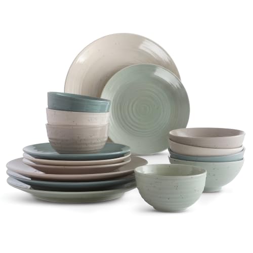 Sango Siterra Artist's Blend 16-Piece Stoneware Dinnerware Set for 4, Green, Cream & White Glossy Dishes with Speckles, Ceramic Plates and Bowls Sets for Everyday Dining, Microwave & Dishwasher Safe - color: Aqua Blend, size: 16-Piece Set