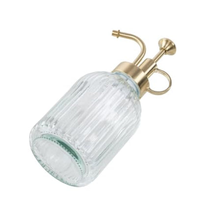 Vintage Vertical Striped Glass Plant Mister, Brass Pump Small Watering Spray Bottle for Succulent Indoor Plants