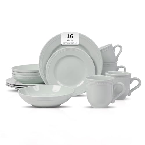 HomeVSS 16-Piece Pearl Dots Stoneware Dinnerware Set, Teal, Service for 4 | plates and bowls sets，dinnerware sets for 4,Pearl Dots Dinnerware，Microwave and Dishwasher Safe - color: Teal, size: 16pc Set