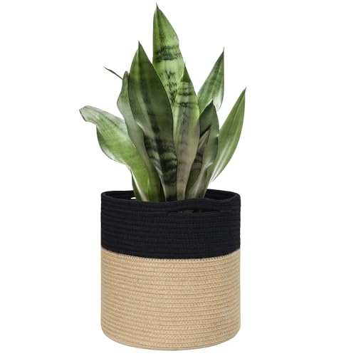 Wicker Plant Basket Indoor, 11" x 11" Jute Spliced Cotton Rope Basket Planter for 10" Pot, Woven Flower Tree Pots Cover, Small Floor Indoor Planters, Modern Bins for Plants and Home Decor - color: Black and Jute, size: 11"x11"