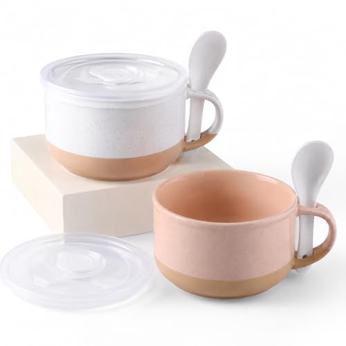 GBhome Ceramic Soup Mugs with Handles and Lids,24 OZ Soup Cups Set of 2 | Terracotta Underside,Mug Bowls with Spoon for Soup/Cereal/Salad/Noodles/Ramen/Microware &Dishwasher Safe - color: White & Orange