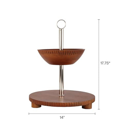 Gourmet Basics by Mikasa Hamden Mango Wood 2-Tier Serving Fruit Basket and Platter – Kitchen Countertop and Buffet Table Stand for Elegant Fruit Display