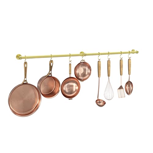 ROTHLEY Stainless Steel Pot and Pan Hanger - 39.4 Inch Wall Mounted Hanging Pots and Pans Rack for Kitchen Wall Rail with Hooks (Brass) - color: Brass, size: 39.4 inch