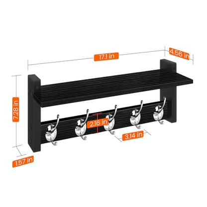 Wall Coat Rack With Shelf, Wood Entryway Hanger With Hooks, Small Floating Pegs for Hanging Coats, Hats, Purses, Backpacks, Black - color: Black, size: 17.1 Inch Long