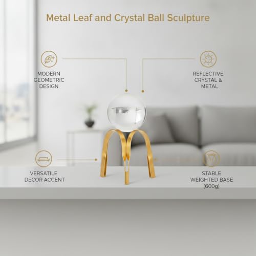 for Shelf, Desk, or Console Table Display: Modern Geometric Metal Leaf and Crystal Ball Sculpture Accent (1 PC) - size: 4.33 x 4.33 x 6.69 in