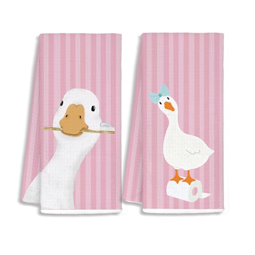 Pink Funny Goose Bathroom Hand Towels, Preppy Striped Toothbrush Bubble Goose Decorative Hand Towels for Toddler Kids Girls Bathroom, 16x24 Inch Set of 2 - color: Goose-pink