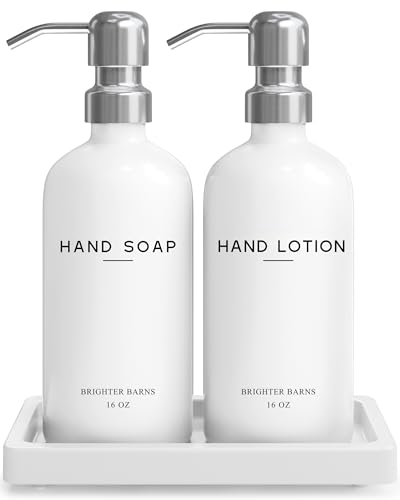 White Glass Soap and Lotion Dispenser Set by Brighter Barns - Bathroom Soap Dispenser Set Tray - Liquid Hand Soap Dispenser Pump - Modern Bathroom Accessories for Guest, Hotel, Spa, Restaurant (White) - color: White/Silver Sl