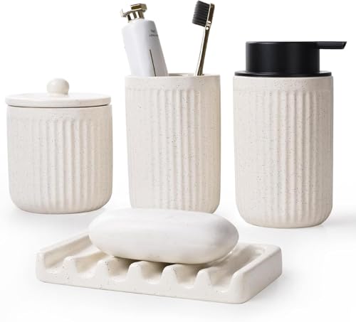 BosilunLife Striped Beige Ceramic Bathroom Accessories Set of 4 | Bathroom Decor Sets Accessories Bathroom Foam Soap Dispenser and Toothbrush Holder Set, Soap Dish, Apothecary Jars.(Foam) - color: Beige-foam