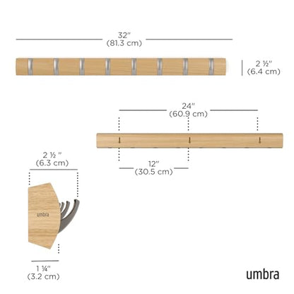 Umbra Flip Coat Rack, Wall Mount 8-Hook, Space Saving, Natural/Nickel | Real wood and steel build, retractable hooks fold flat, holds coats bags and scarves, easy install - color: Natural/Nickel, size: 8-Hook