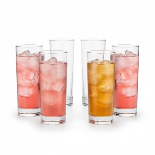 Royalty Art Highball Glasses, Set of 6, 10.18 oz Tall Drinking Glasses | Tom Collins glasses, cocktails, water, juice, lead-free glass, dishwasher safe, modern barware - style: Modern