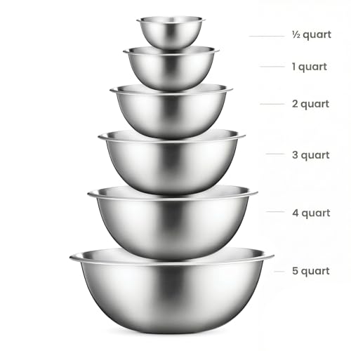 FineDine Stainless Steel Mixing Bowls Set, 6-Piece Metal Bowls | Stainless steel bowls, nesting design saves space, dishwasher safe, prep bowls, baking bowls, cooking bowls - size: 6 Pack