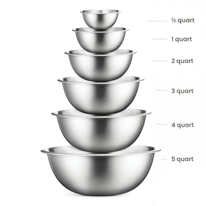 FineDine Stainless Steel Mixing Bowls Set, 6-Piece Metal Bowls | Stainless steel bowls, nesting design saves space, dishwasher safe, prep bowls, baking bowls, cooking bowls - size: 6 Pack