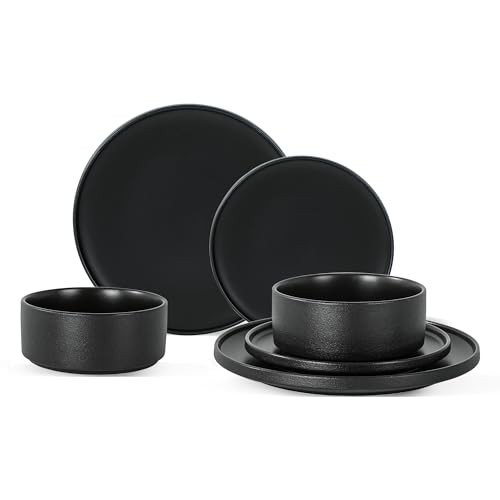 6 Piece Ceramic Plates and Bowls Sets for 2, Modern Black | Stoneware Dinnerware Set, Dishwasher & Microwave Safe, Handcrafted, Perfect for Family and Gatherings - color: Black, size: Service for 2(6PCS)