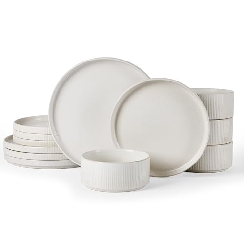 Famiware Star Stoneware Dinnerware Set, Reactive Glaze Plates & Bowls for 4 | 12-Piece Handmade Ribbed Dishes, Chip & Scratch Resistant Ceramic. Microwave & Dishwasher Safe, Rustic Modern, Matte White - color: Matte White, size: Service for 4