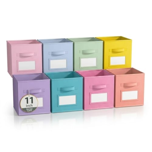 Lourome 11 Inch Cube Storage Bin, with Label Window, 8 Pack 8-Color | Collapsible Storage Bins for Closet Organizers, Fabric Foldable Storage Cubes, for Kids Room & Shelves